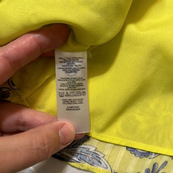 LOFT S Neon Yellow Blue White Floral Flutter Short Sleeve A-Line Belted Dress - Picture 9 of 10